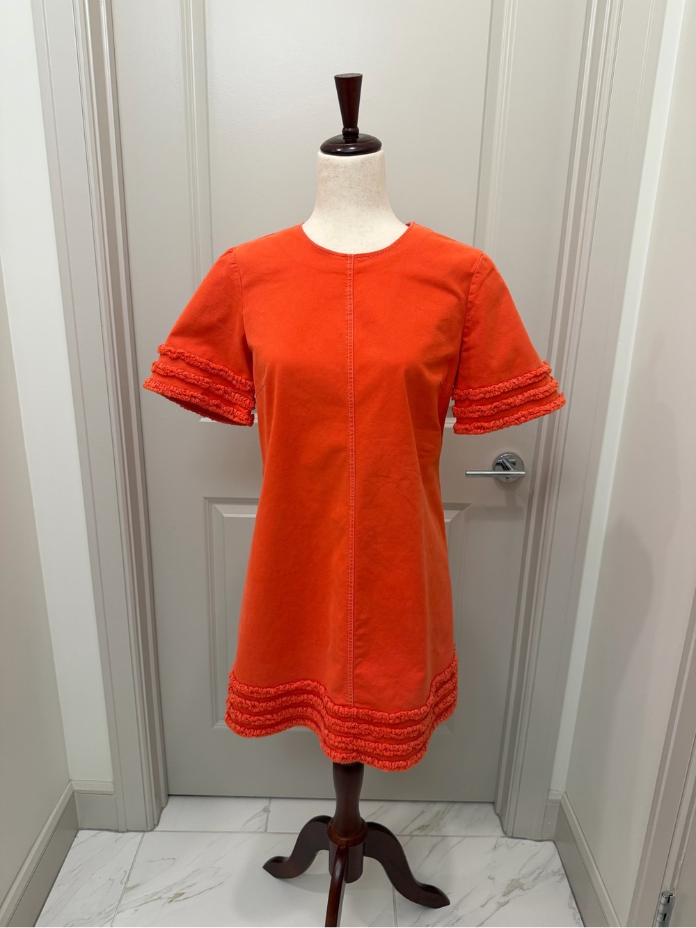 Cinq a Sept - Orange Short-Sleeve Denim Dress with Ruffle Trim Detail - 4